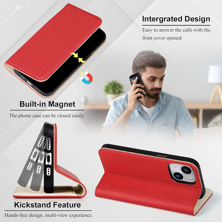 VISOUL Hülle für iPhone 13, Schutzhülle [Echt Leder] [Schützt vor Stoss] [Kartenfach] [Magnetverschl