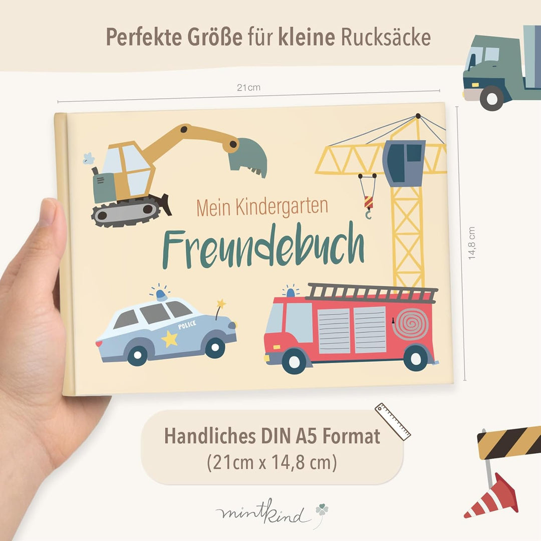 mintkind® Freundebuch Kindergarten Fahrzeuge, Freundschaftsbuch Jungen und Mädchen, Ausfüllbuch Kita