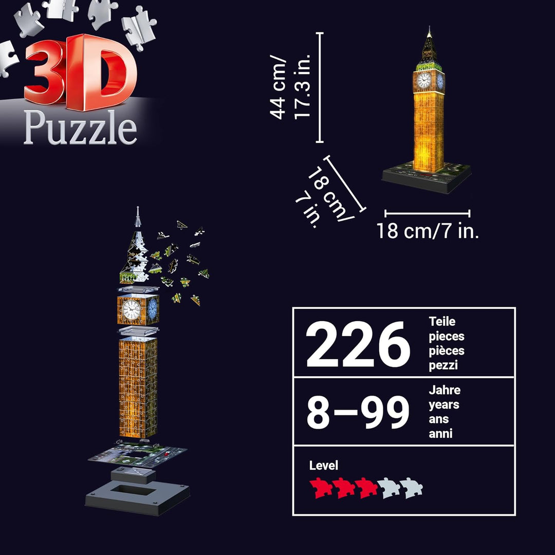 Ravensburger 3D Puzzle Big Ben bei Nacht 12588 - Das berühmte Bauwerk als Night Edition mit LED - 21