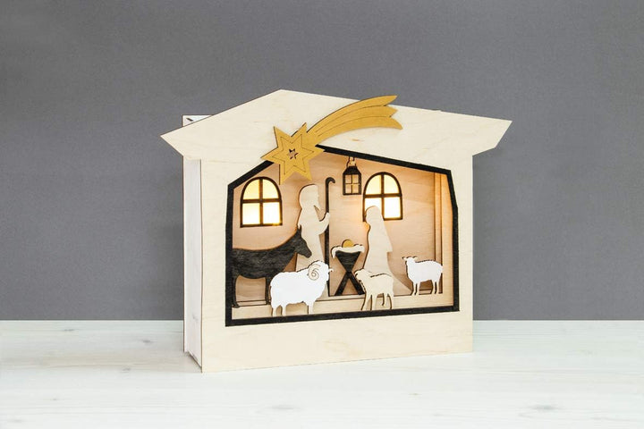 Rayher Holzbaus. 3D-Motivrahmen Krippe, FSC Mix Credit, natur, 24x24 cm, Tiefe 6,3cm, Set 13teilig,