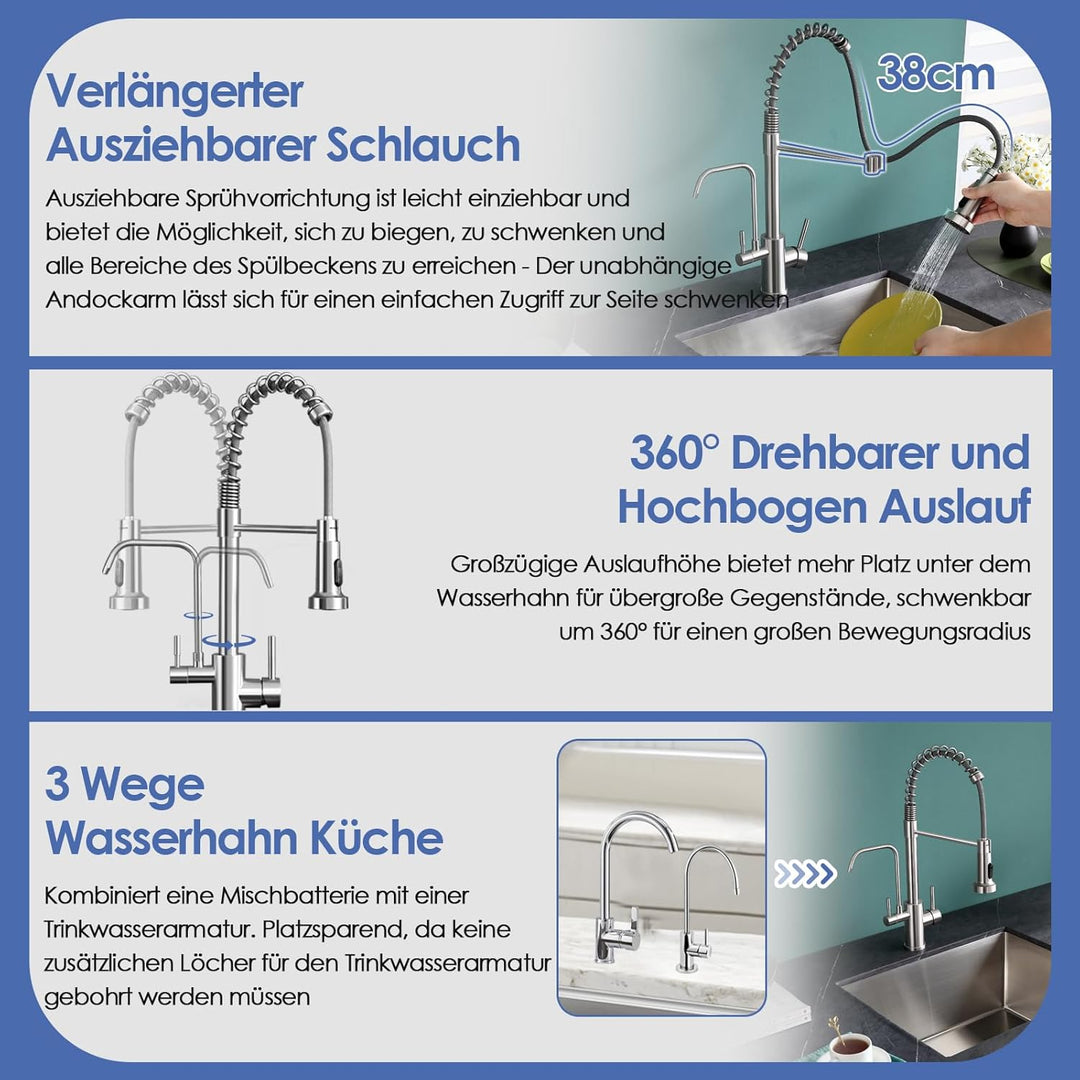 ROVOGO 3 Wege Wasserhahn Küche mit Filter, Küchenarmatur Hochdruck mit Herausziehbare Dual-Spülbraus