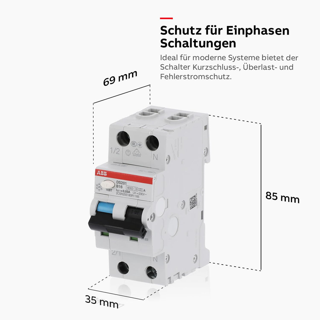 ABB DS201A-B16 DS201A-B16/0,03 FI/LS-Schalter 6kA, 1P+N, Typ A, B 16, 30mA, grau, 2 TE Single, Singl