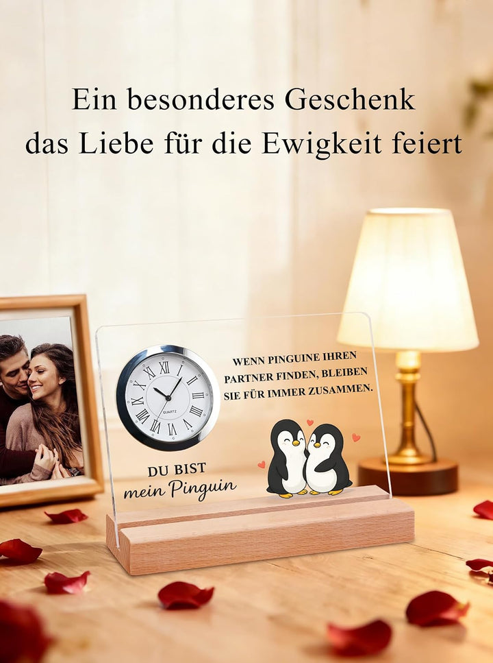 Ich liebe dich Geschenke für Männer &amp; Frauen – Pinguin Acryl-Tischuhr | Jahrestag Geschenk für ihn &amp;