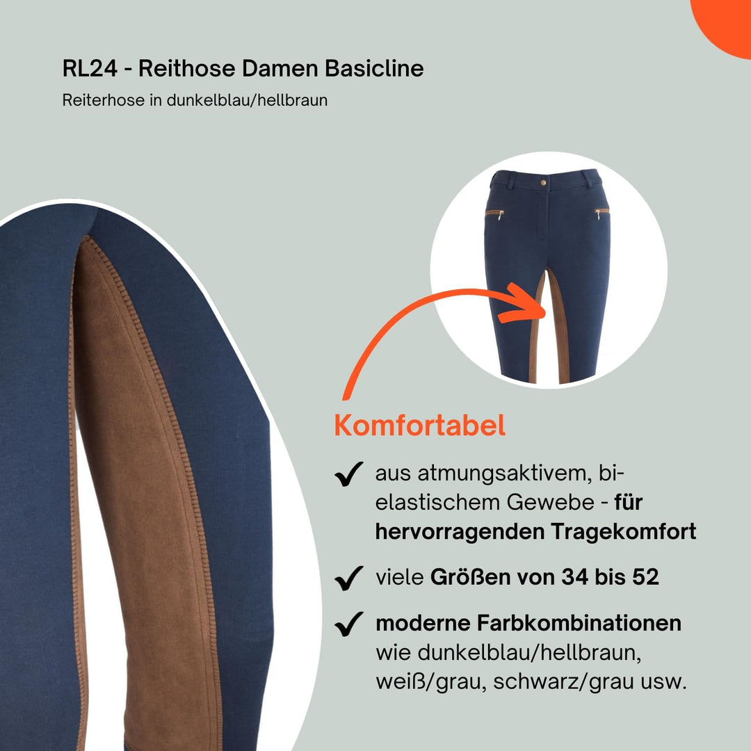 RL24 - Damen Reithose Vollbesatz BASICLINE, Dunkelblau/Hellbraun