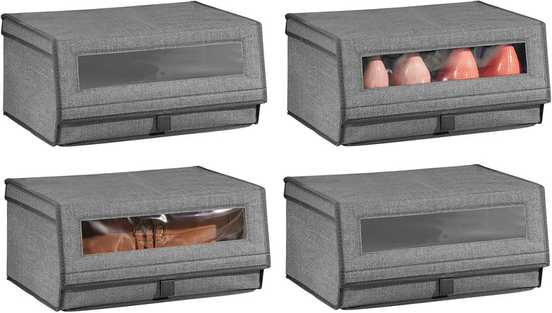 mDesign 4er-Set Schuhaufbewahrung aus Stoff – stapelbare Schuhbox mit Sichtfenster, Klettverschluss