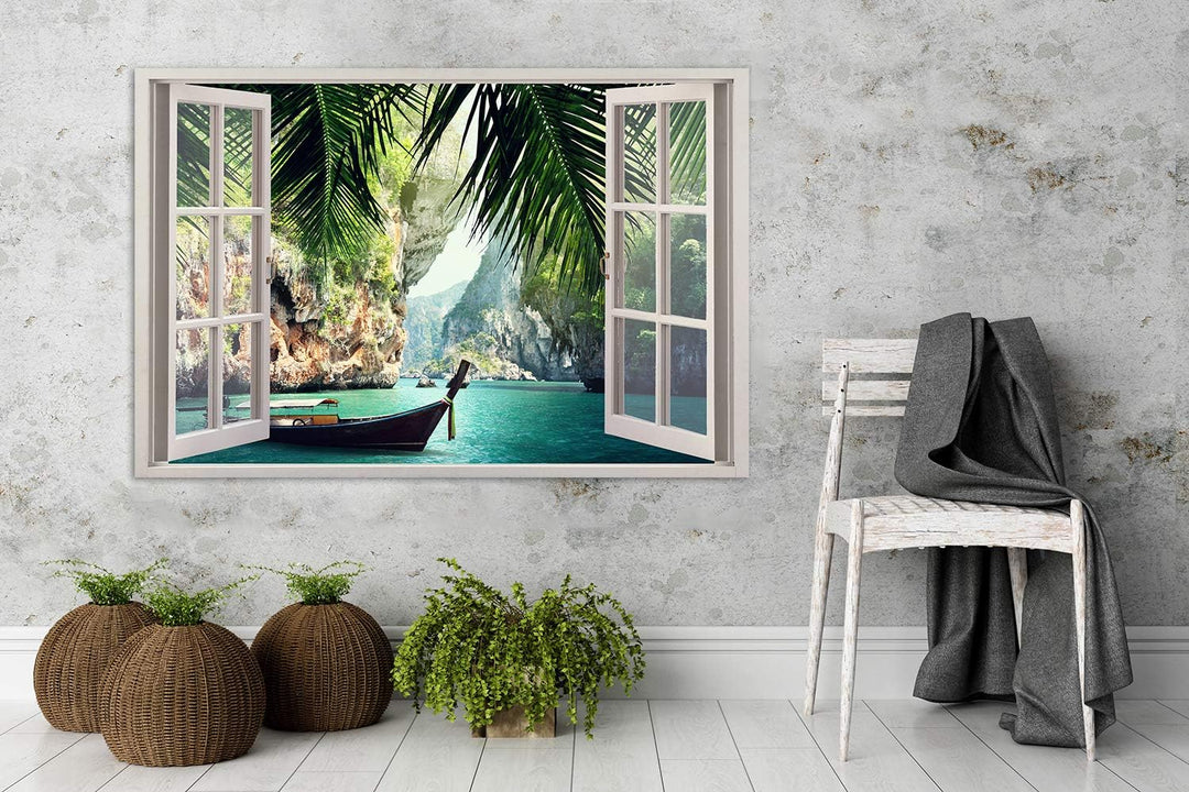 Feeby Leinwand Bilder - Fensterblick Natur- 90x60 cm- Deko Wohnzimmer - Wandbilder Schlafzimmer - De