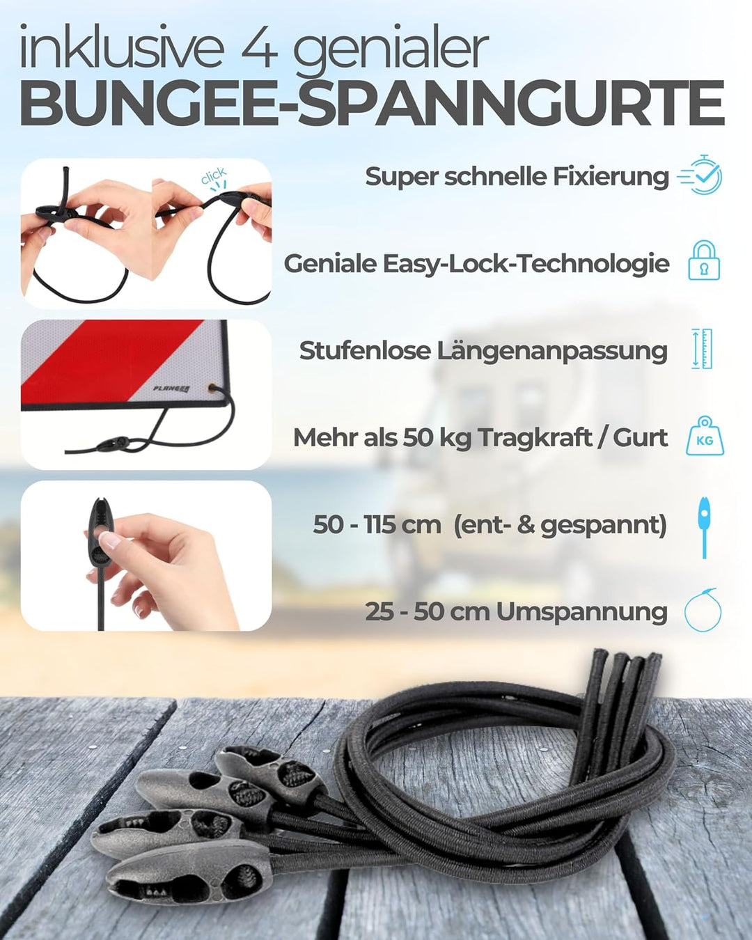 PLANGER® - Warntafel Italien und Spanien (Schild + Tasche + Spanner) 2in1 (50 x 50 cm) - Reflektiere