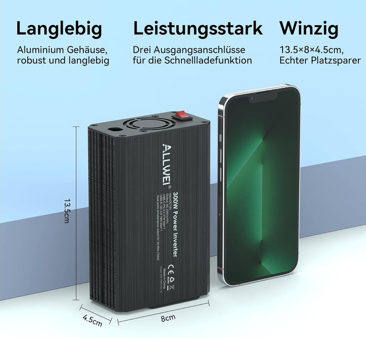 ALLWEI 300W Wechselrichter 12V auf 230V Spannungswandler, Stromwandler mit Typ-C & USB Anschluss, In