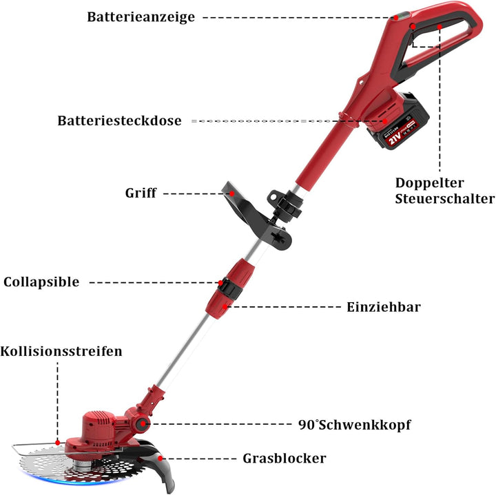 Akku Rasentrimmer mit Akku und Unkrautbürste, Rasentrimmer für Makita-Akkus, 90° Trimmwinkel, 180° F