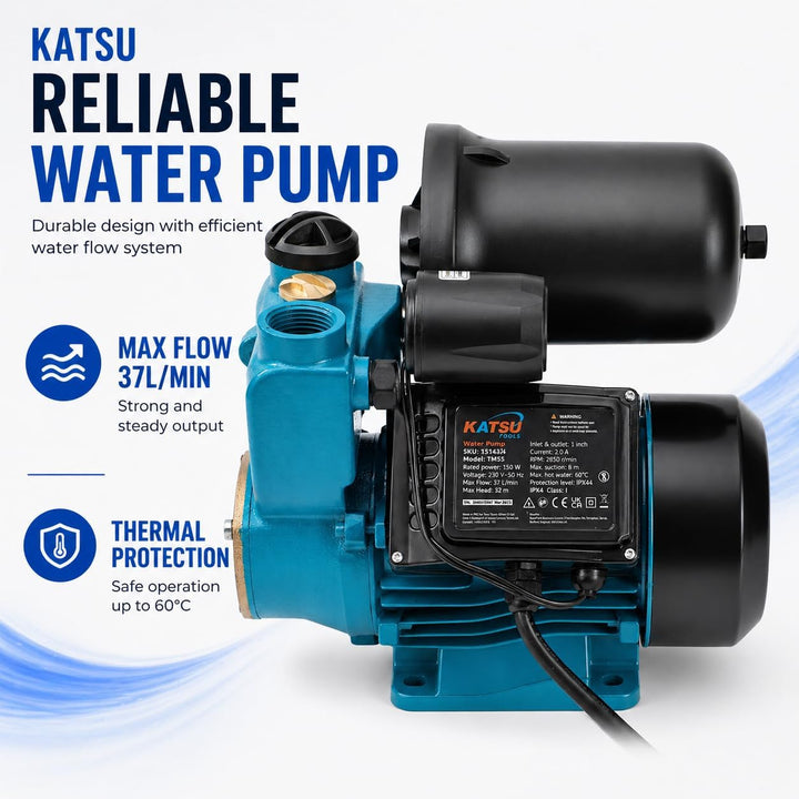 KATSU Wasserpumpe Hauswasserwerk Gartenpumpe 150W, Abschaltautomat mit einstellbarer Druckregelung,