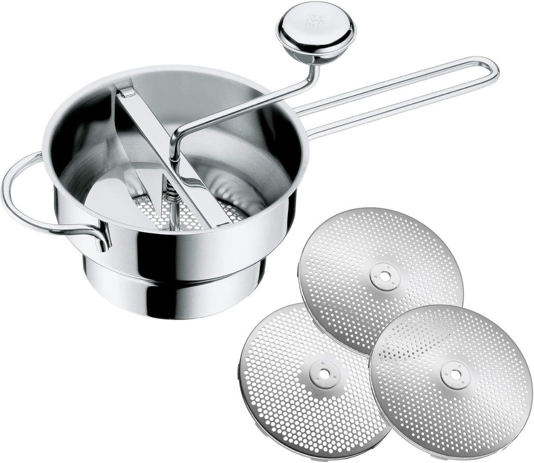 WMF Gourmet Passiermühle mit 3 Lochscheiben, 19 x 11,5 cm, Cromargan Edelstahl poliert, zerlegbar &amp;