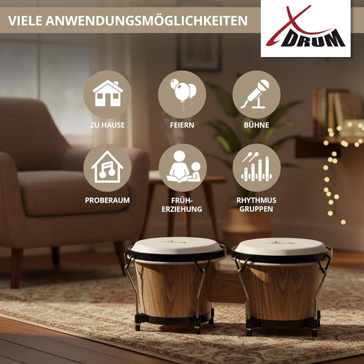 XDrum Bongos Club - 6" Macho und 7" Hembra - Naturfelle - professionelles Stimmsystem - Schwarz sati