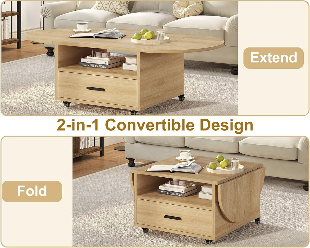IBF Couchtisch Holz mit Stauraum Oval Klappbarer Couchtisch Wohnzimmer Tisch mit Schublade Mitteltis