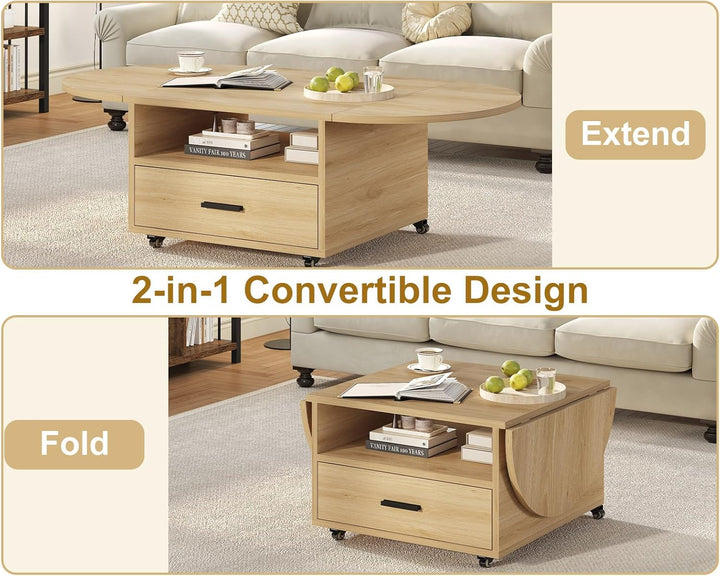 IBF Couchtisch Holz mit Stauraum Oval Klappbarer Couchtisch Wohnzimmer Tisch mit Schublade Mitteltis