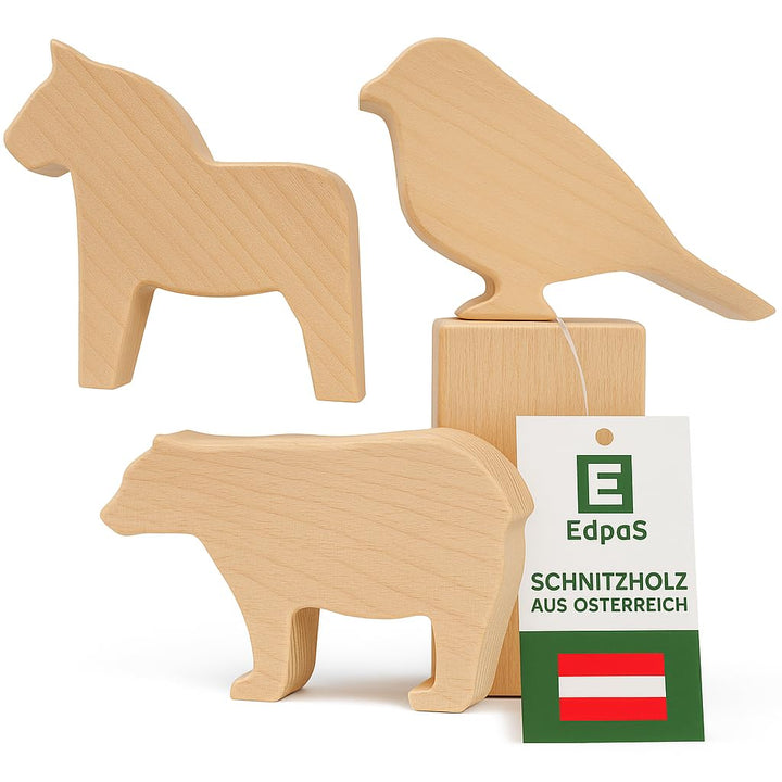 EdpaS Schnitzrohlinge gross aus Lindenholz Tierfiguren Bär Spatz und Dala Pferd - Schnitzholz, Holzr