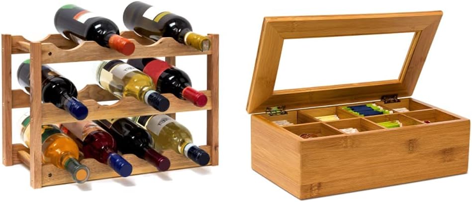 Relaxdays klein, Flaschenregal 12 Flaschen Wein, 28 x 21 x 42 cm & Teebox aus Bambus H x B x T: ca.