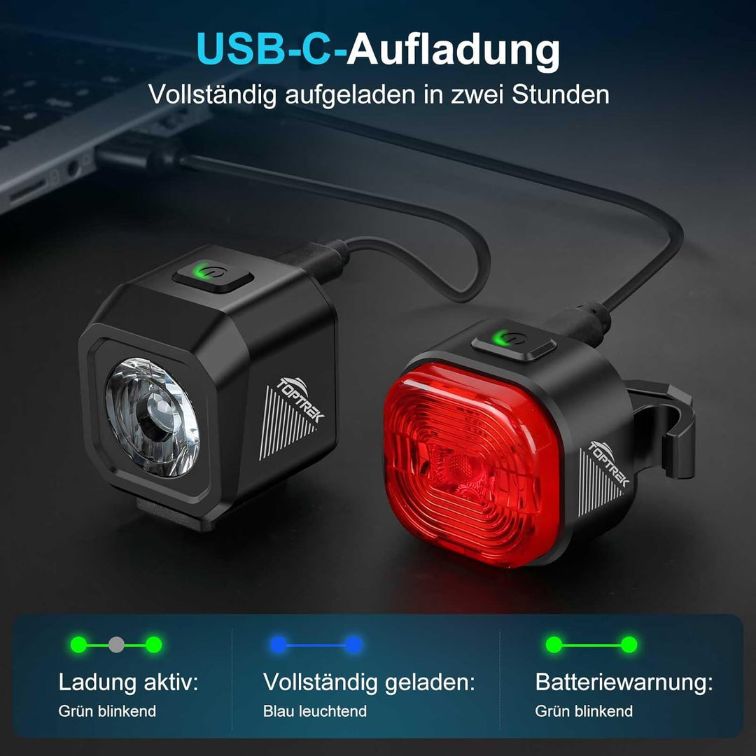 toptrek Fahrradlicht Set USB Aufladbar, StVZO zugelassen Fahrrad Lichter Led Set, IPX5 Wasserdicht F