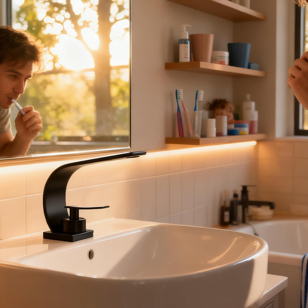 UISEBRT Schwarz Wasserfall Wasserhahn Bad, Modern Messing Waschtischarmatur,Einhandmischer mit Kalt