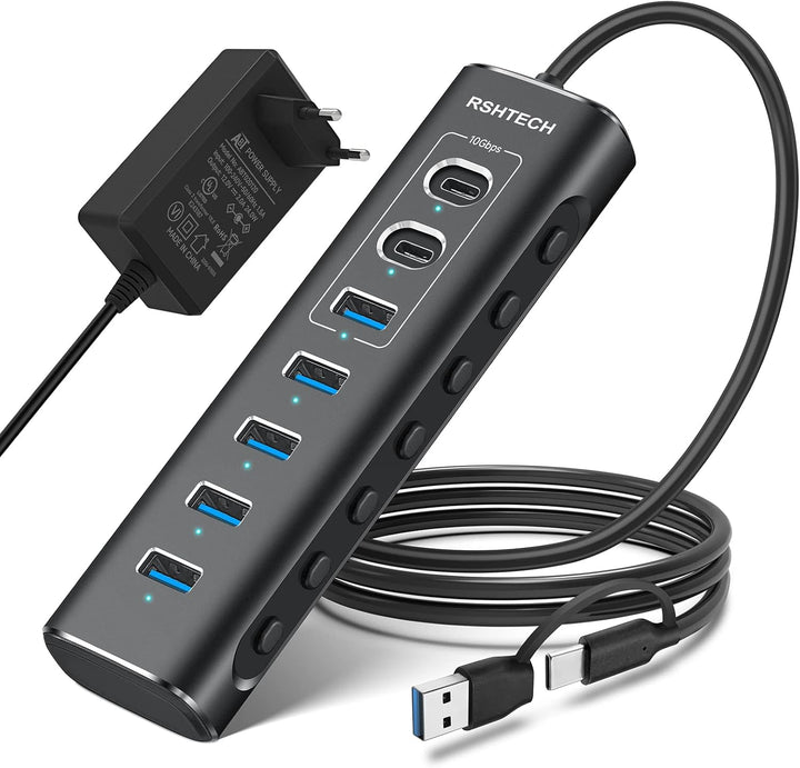USB C Hub Aktiv mit Netzteil, RSHTECH 7-Port USB C 3.2 Hub Aktiv mit 3*10Gbps USB 3.2-Port (2*Typ-C,