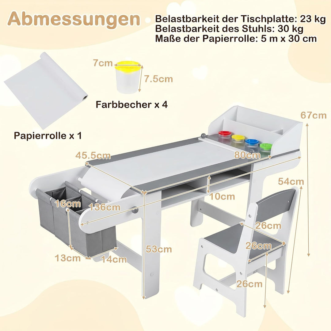 COSTWAY Kindertisch mit Stuhl, Papierrolle &amp; 4 Farbbechern, Grau