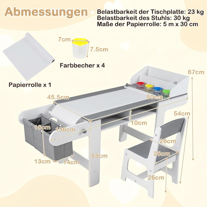 COSTWAY Kindertisch mit Stuhl, Papierrolle &amp; 4 Farbbechern, Grau