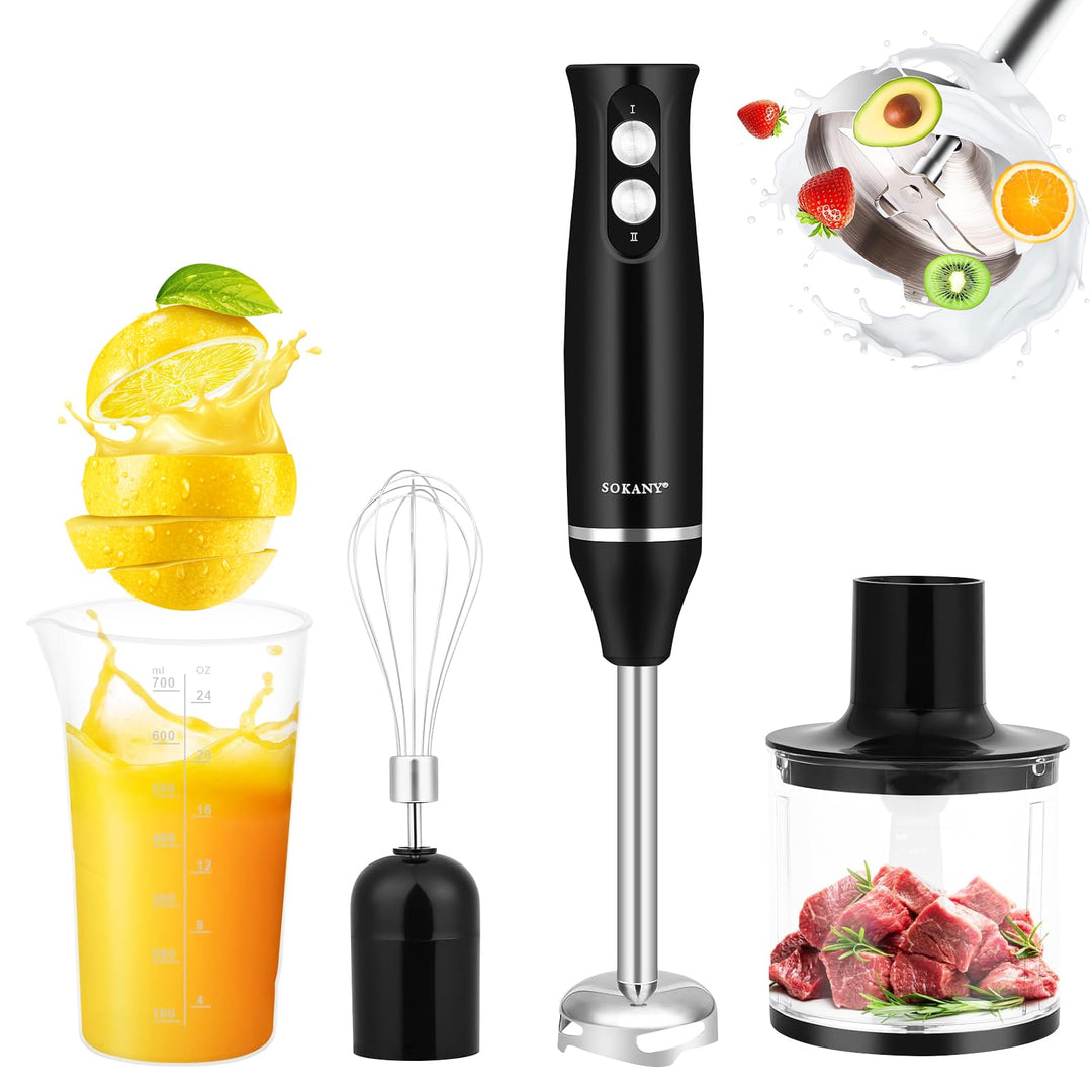 4-in-1 Stabmixer Edelstahl 500W, Pürierstab mit 2 Geschwindigkeiten, Hand Blender Set mit Schneebese