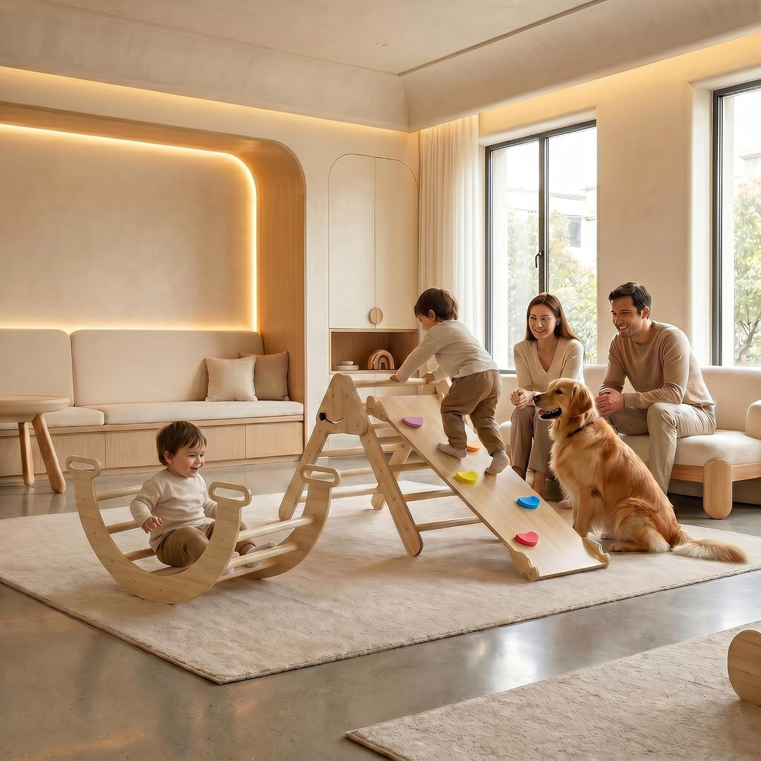 Froadp Klettergerüst Indoor 3-in-1 mit Rutsche und Kletterbogen Kletterdreieck aus Naturholz Klappba