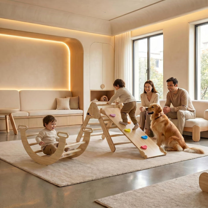 Froadp Klettergerüst Indoor 3-in-1 mit Rutsche und Kletterbogen Kletterdreieck aus Naturholz Klappba