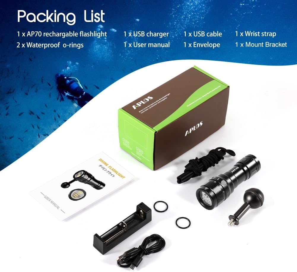 APLOS AP70 Tauch-Video-Licht, 6000 Lumen, 135 Grad breiter Abstrahlwinkel, Unterwasser-Taschenlampe