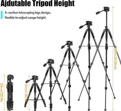 Andoer 157cm Stativ, Kamerastativ mit 90 Grad Mittelsäulen, Aluminium Fotostativ mit Einbeinsativ, 3