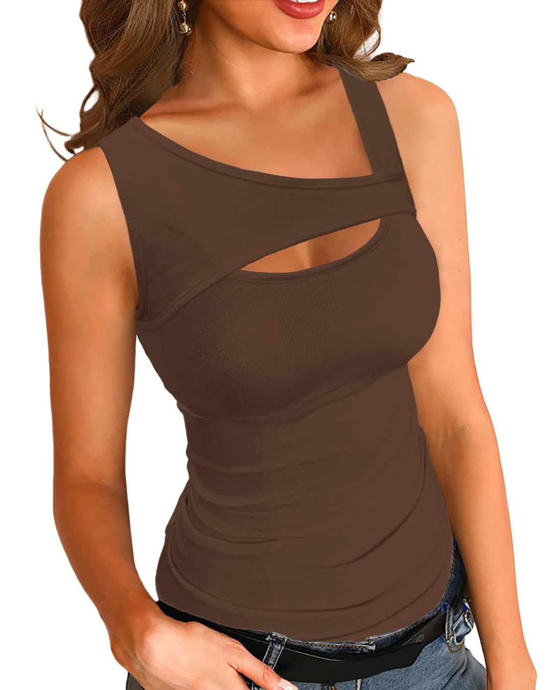 Basicspace Damen Ausschnitt Design Top Frühling Sommer Vielseitige Weste Schlanke Gerippte Weste S K