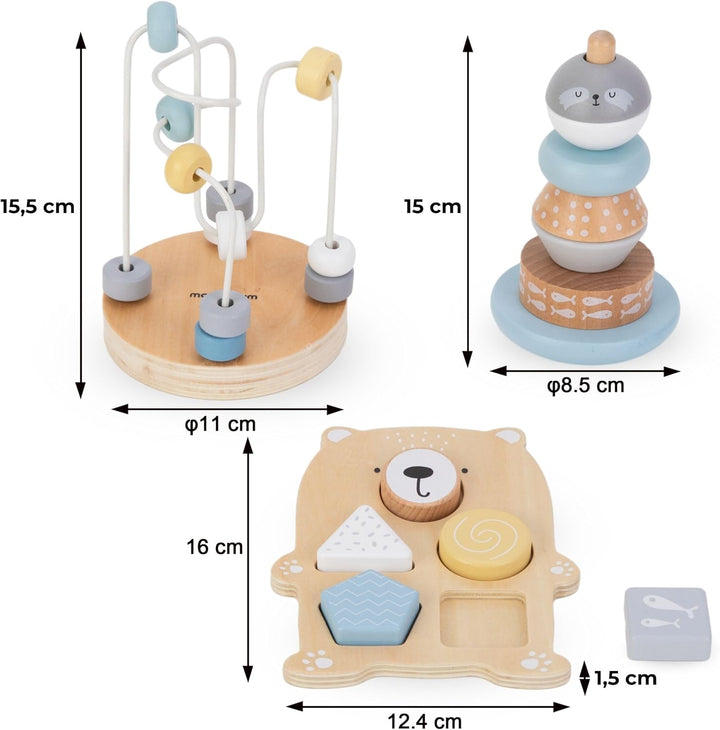 mamabrum Holzspielzeug-Set - Motorikschleife, Pyramide, Sortierbär & Sortierbrett für Baby & Kleinki