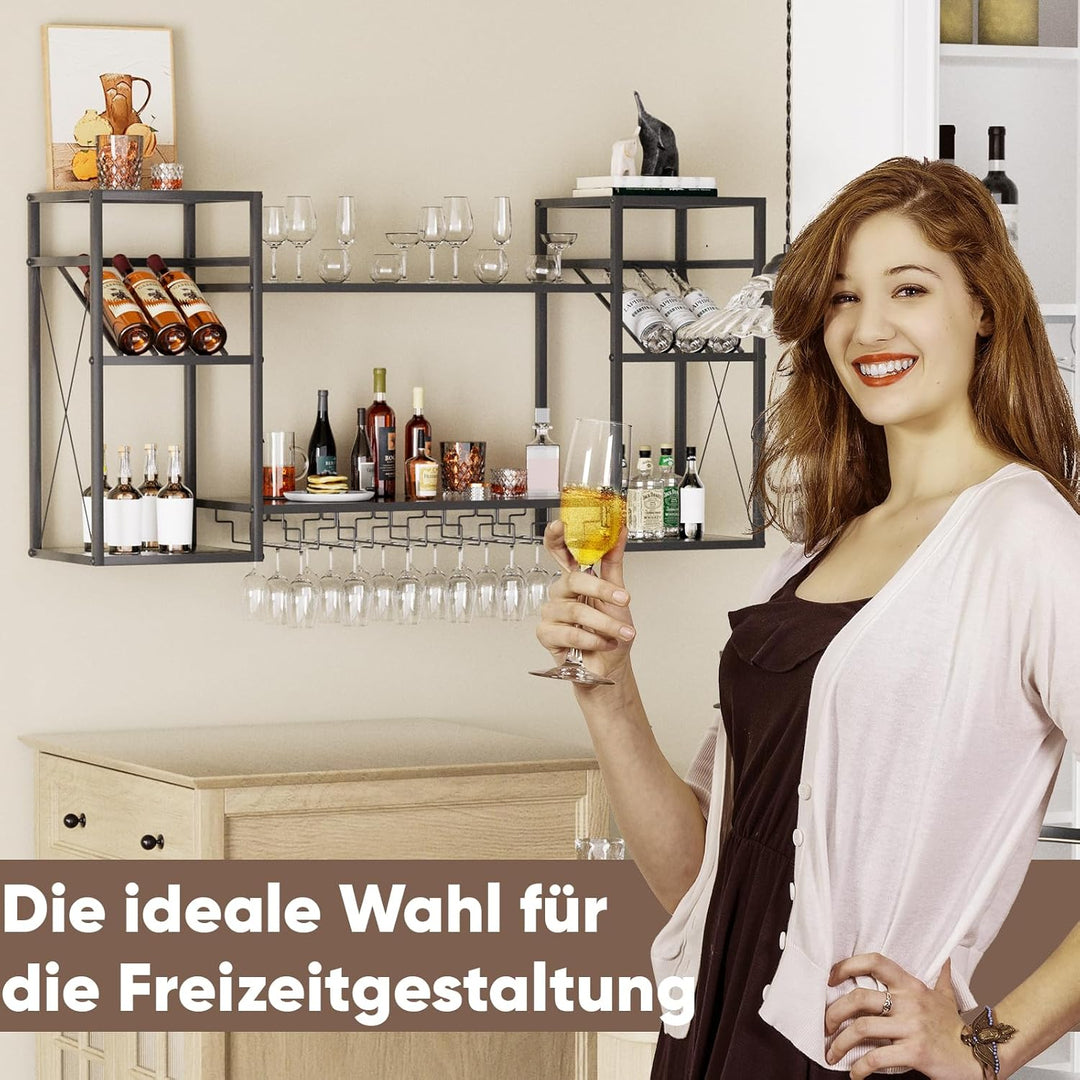 uyoyous 2 Ebenen Metall Weinregal Wand, 48 Zoll Industriell Wandweinregal mit 6 Glashaltern, Barrega