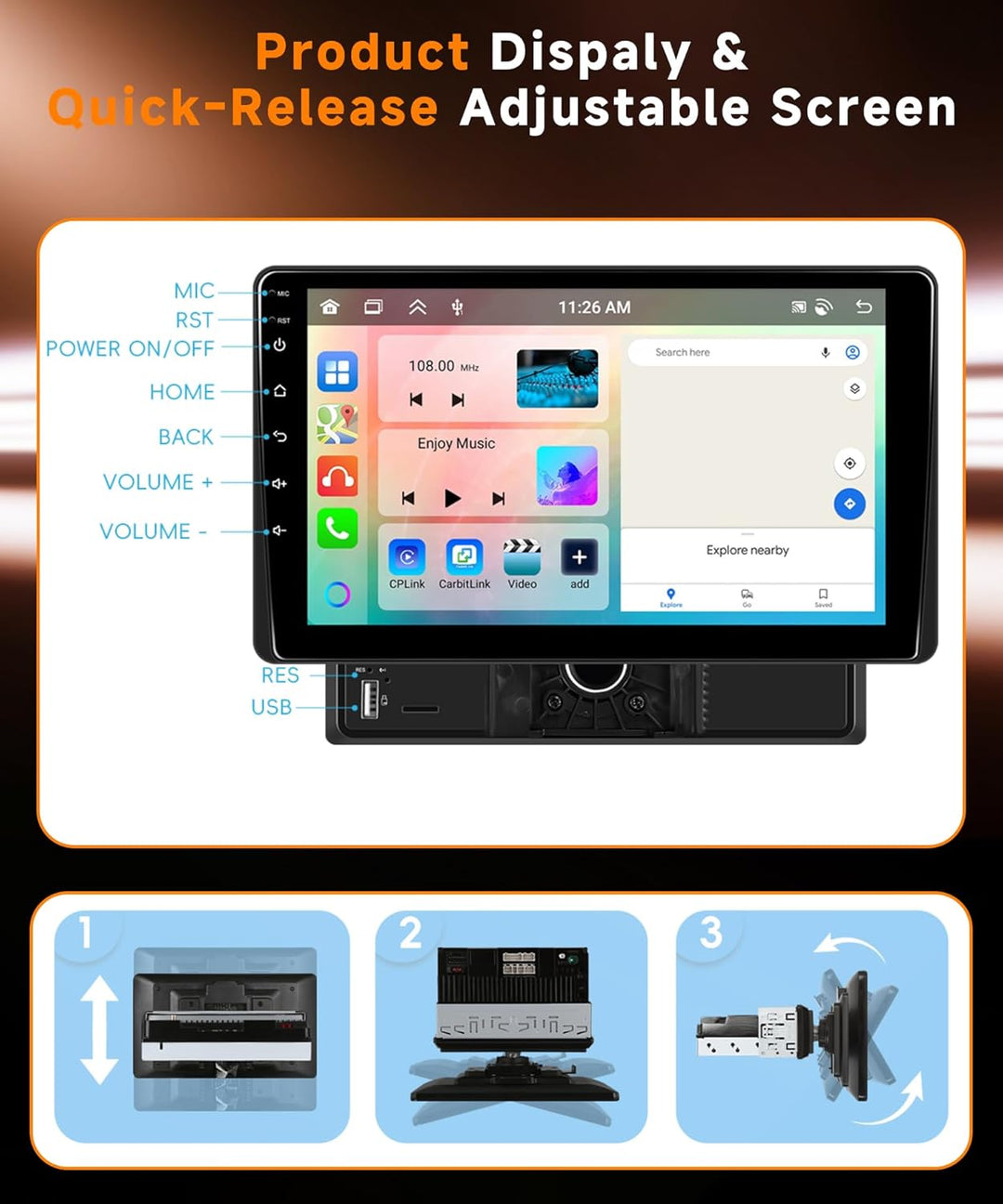 8 Kern 4G+64G Android 15 Autoradio 1 Din mit Drahtlos Carplay Android Auto, 9-Zoll-Rotations-HD-Touc