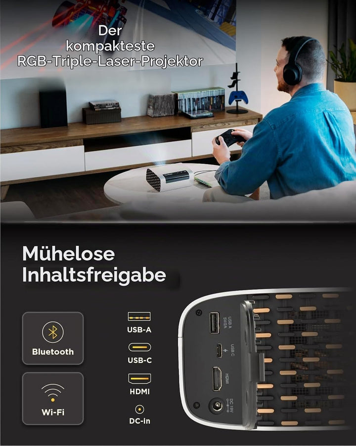 ViewSonic M10 Tragbarer RGB Laser Smart Projektor mit Harman Kardon Lautsprecher, Silber, M10