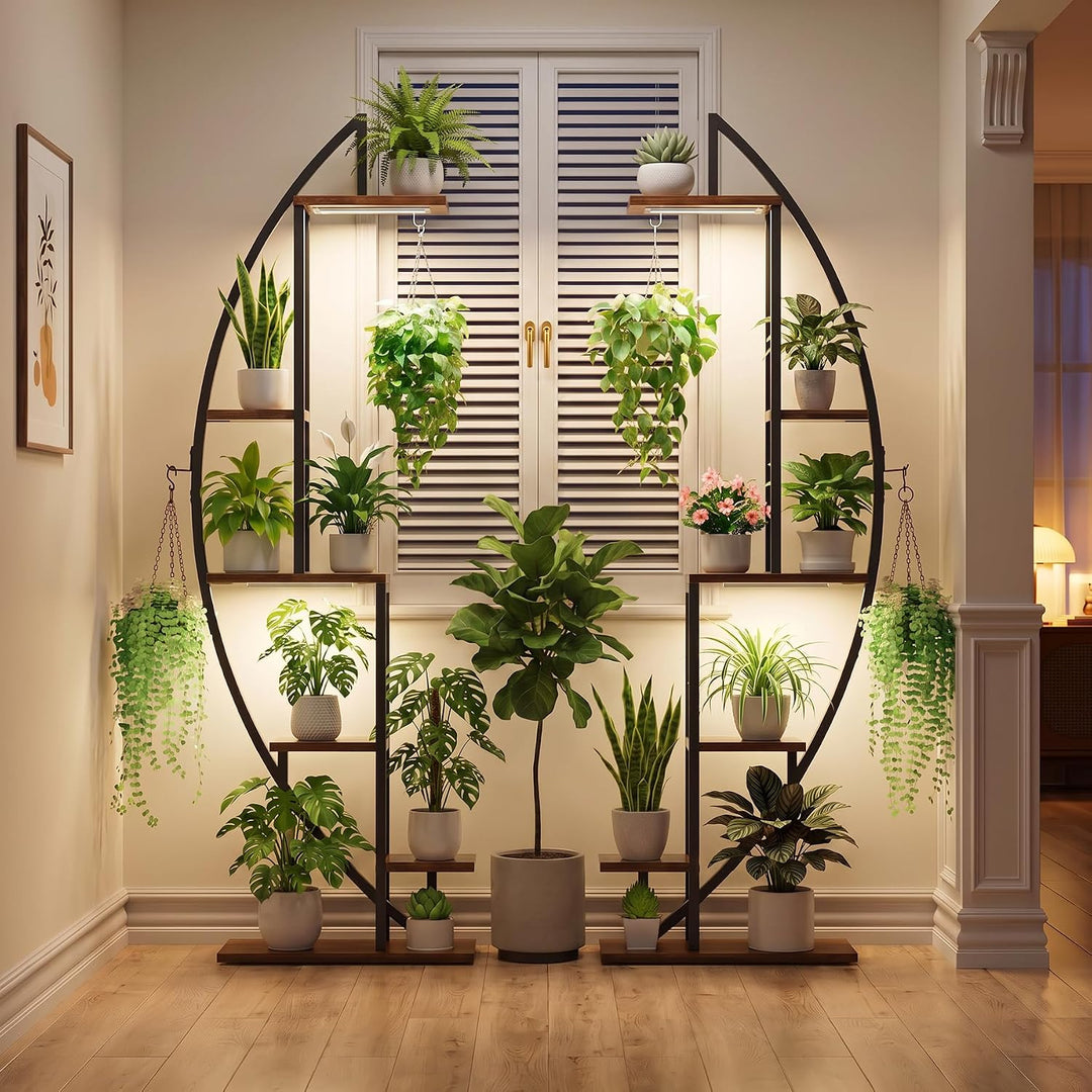 BACEKOLL 6 Ebenen Blumenständer mit Wachstumslichtern - Metall Holz Pflanzenregal - 160CM Innen Blum