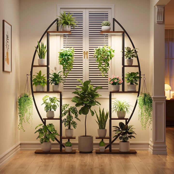 BACEKOLL 6 Ebenen Blumenständer mit Wachstumslichtern - Metall Holz Pflanzenregal - 160CM Innen Blum