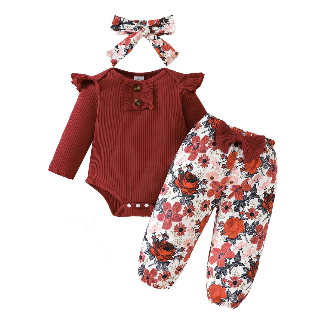 Neugeborenes Baby Mädchen Kleidung Kleinkind Gerippt Ruffle Lange Ärmel Strampler+ Floral Hosen+ Sti