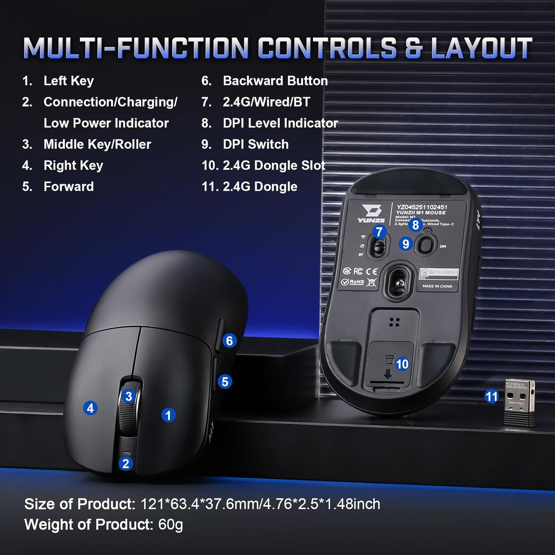 YUNZII M1 Kabellose Gaming-Maus, BT/2.4G Wireless/Wired Ultralight Mouse, PAW3311-Sensor 10000 DPI,