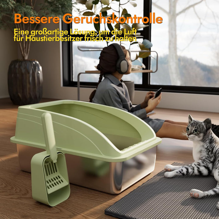 Katzentoilette Edelstahl Halbgeschlossen Gross | Katzenstreuschaufel, Doppelschicht Matte, Leicht zu