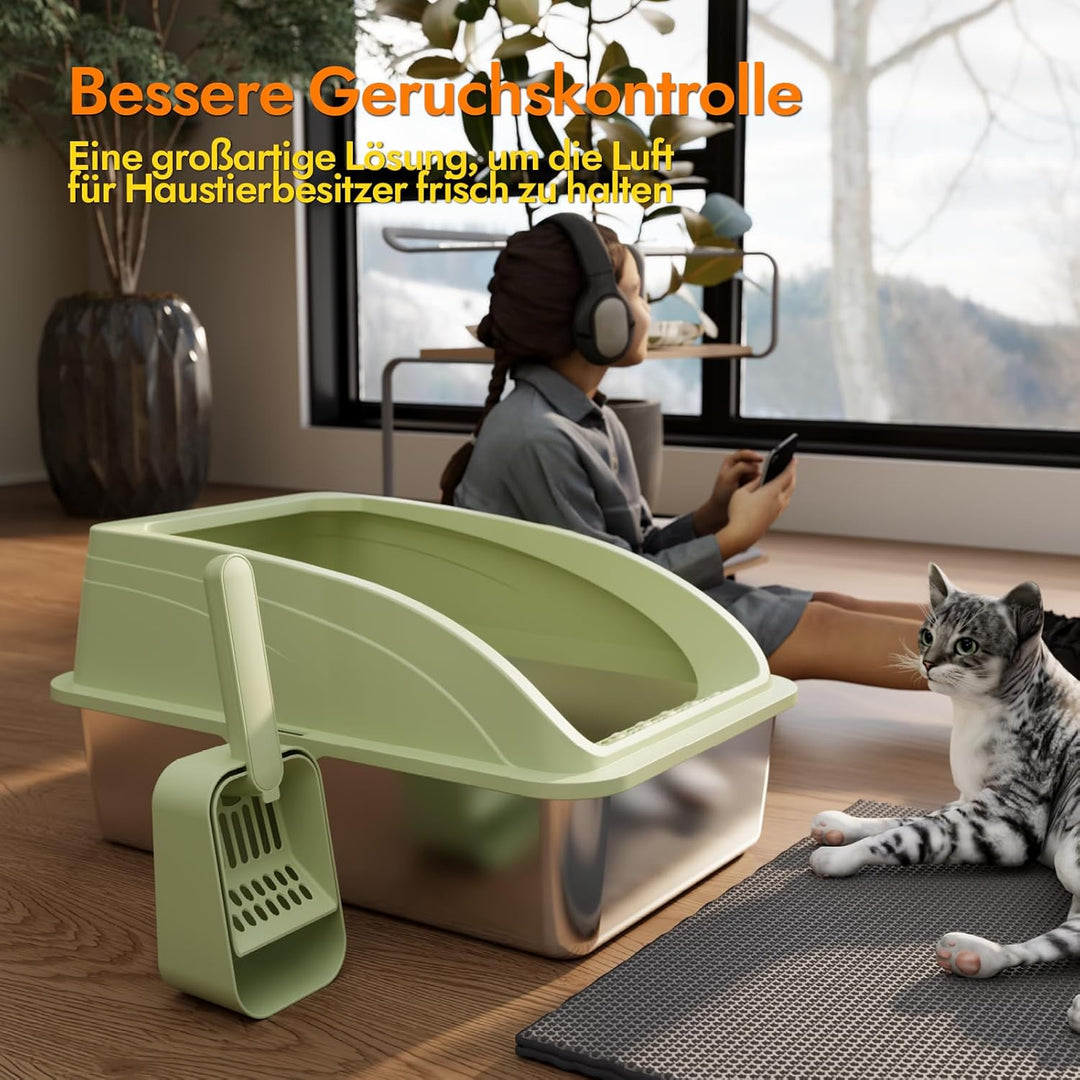 Katzentoilette Edelstahl Halbgeschlossen Gross | Katzenstreuschaufel, Doppelschicht Matte, Leicht zu