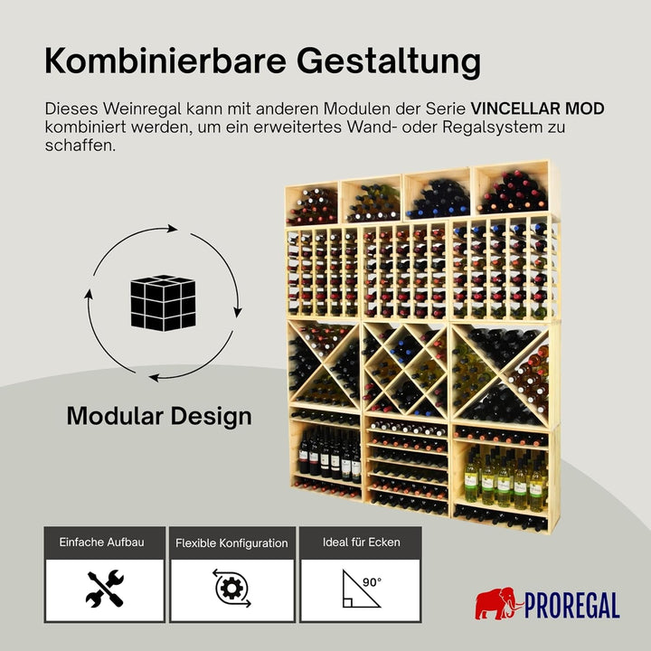 PROREGAL Modulares Weinregal VINCELLAR MOD | HxBxT 60x60x30cm | Rauten Modul für 30 Flaschen| Massiv