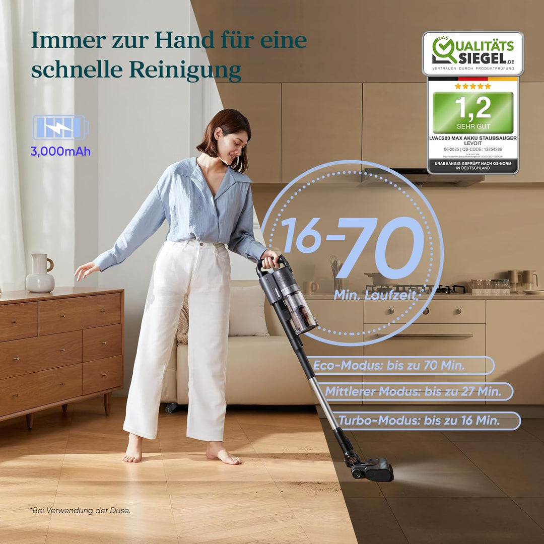 Levoit Akku Staubsauger - 70 Min Laufzeit - 99,99 Prozent HEPA Filtrationseffizienz - Mini Motorbürs