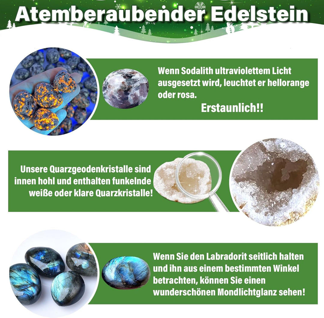 Edelstein Adventskalender, Weihnachts Countdown Kalender 2023, 24 Stück Natürliche Kristalle, Edelst