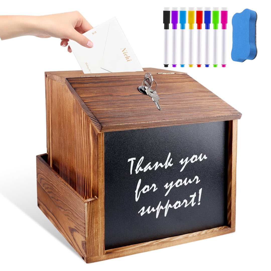 Holz Vorschlagsbox, Spendenbox Abschliessbar Mit 8-Farben-Tafelstift und nichtmagnetischem Tafelwisc