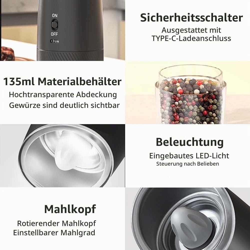 HOTUT Gravity Elektrisches Salz und Pfeffermühlen Set, 2er Elektrisch Gewürzmühlen Salzmühle, USB-C