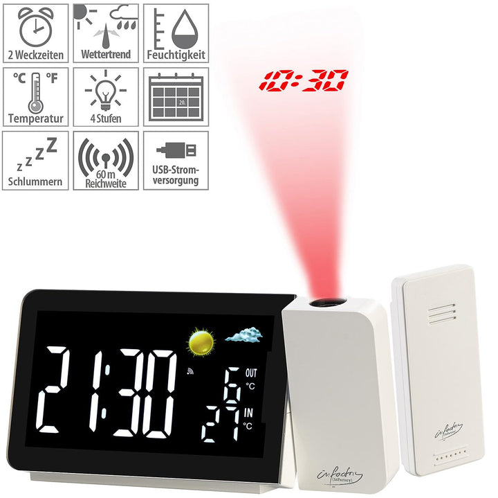 infactory Projektions Funkwecker: Funk-Wetterstation mit Projektionswecker, Aussensensor, USB-Port,