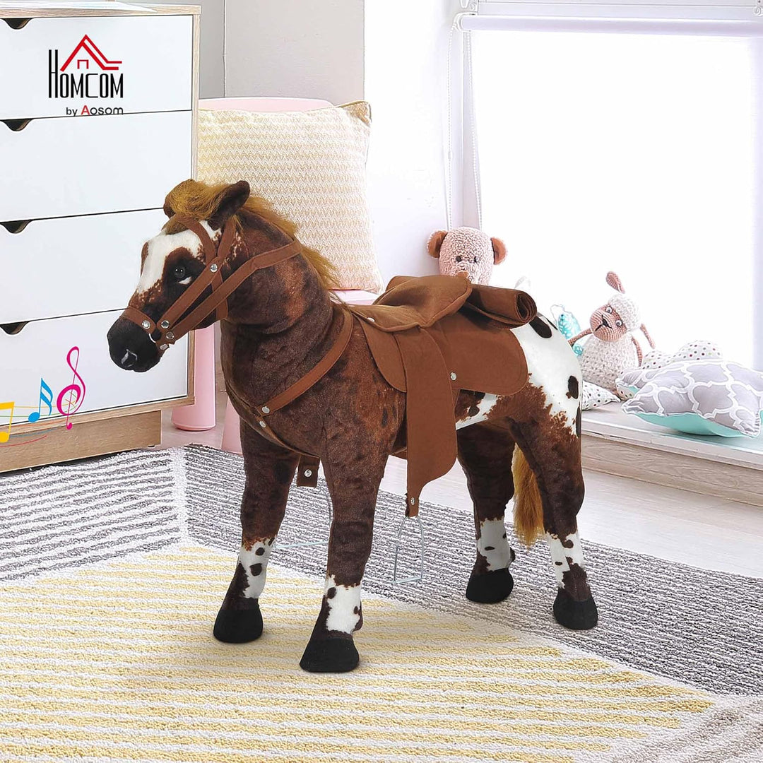 HOMCOM Reitpferd Spielpferd zum Reiten Stehpferd mit Sattel, Sound, Steigbügel Plüschpferd für Kinde