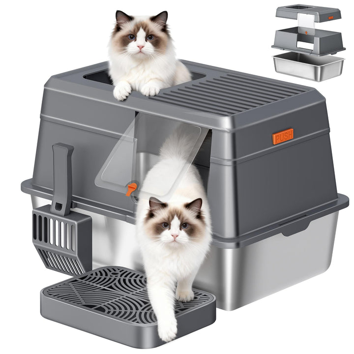 Katzenklo Edelstahl mit Deckel, XXL Geschlossene Katzenklo, Katzentoilette mit Trittstufe und Schauf