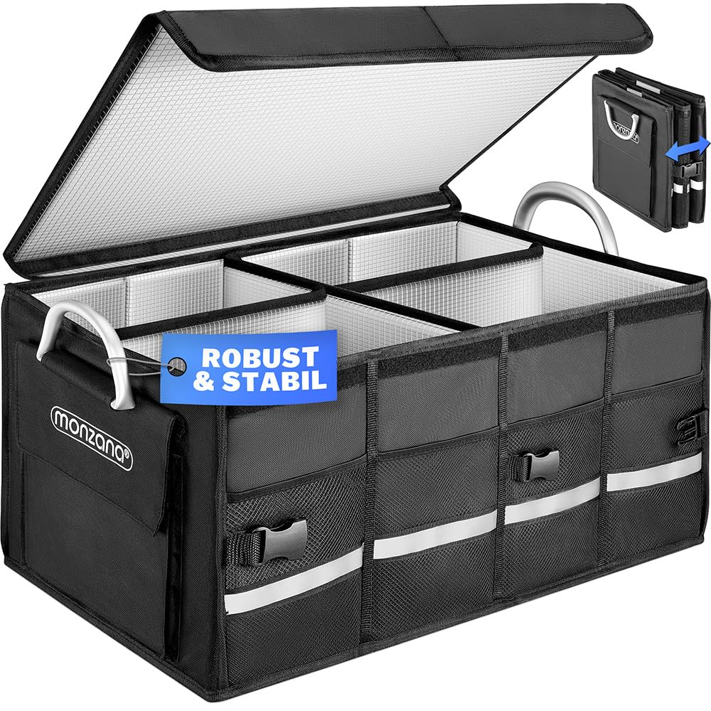 Monzana® Kofferraum Organizer Deckel 68L Isolierung Alu-Griffe Trennwände Wasserdicht Faltbar MDF Wä